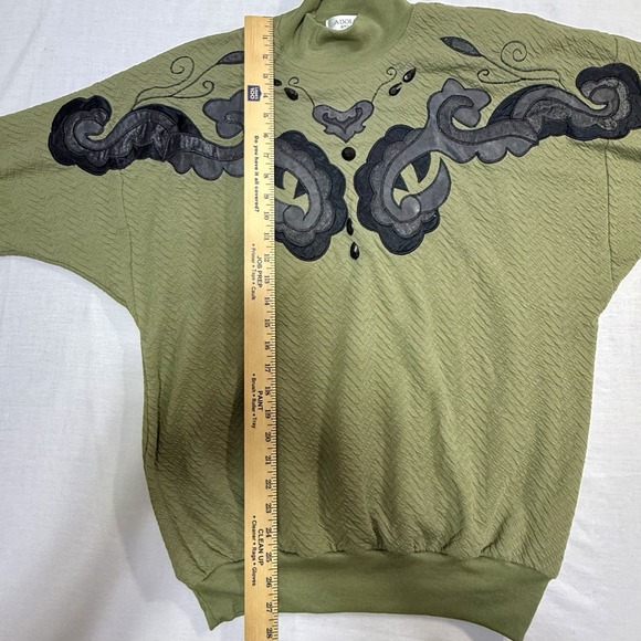 Adolfo Sport Women's M Green Textured Sweater Black Faux Leather Embellishments - Picture 3 of 5